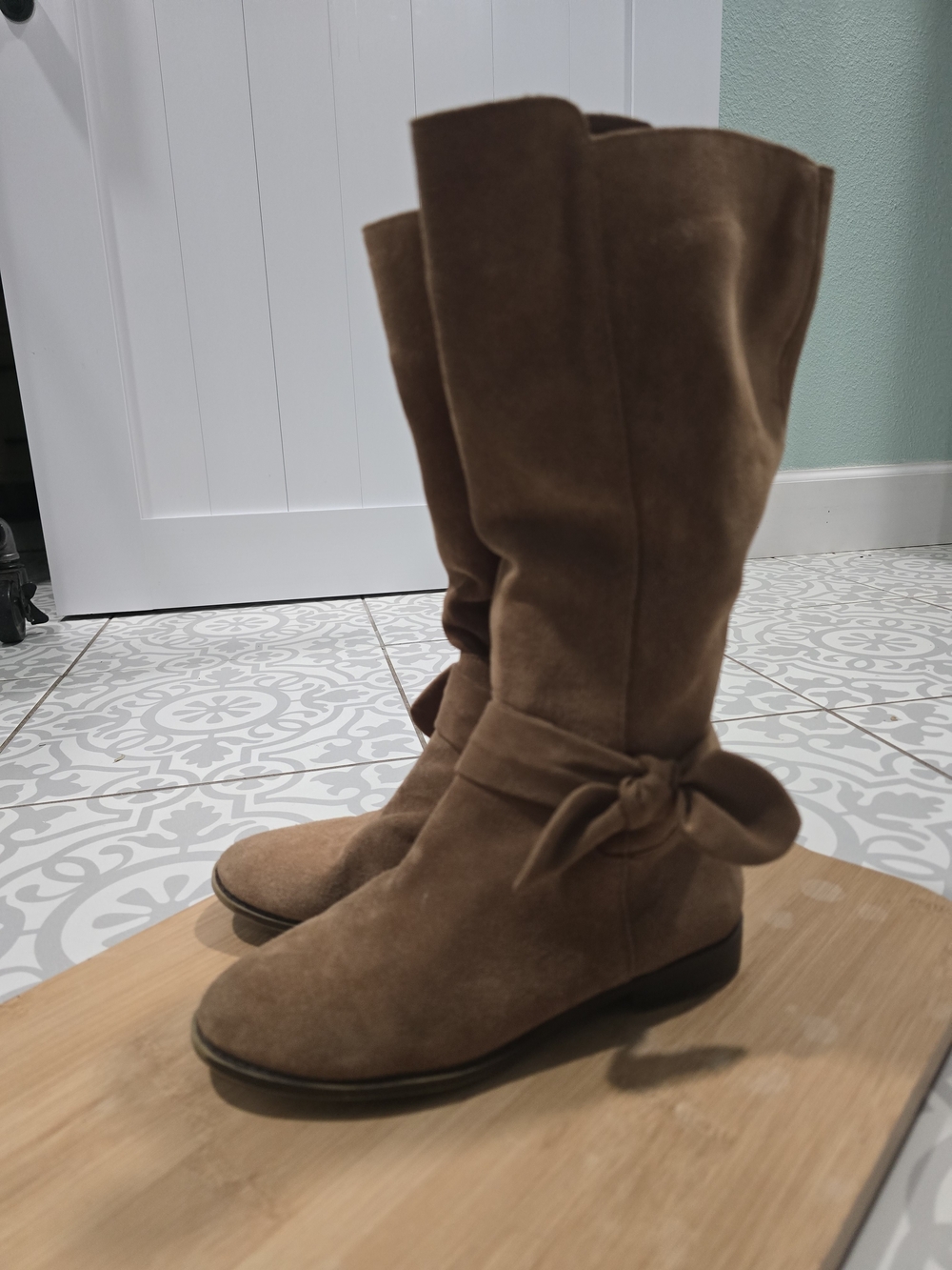 Women's Brown Suede Mid-Calf Boots with Knot Detail